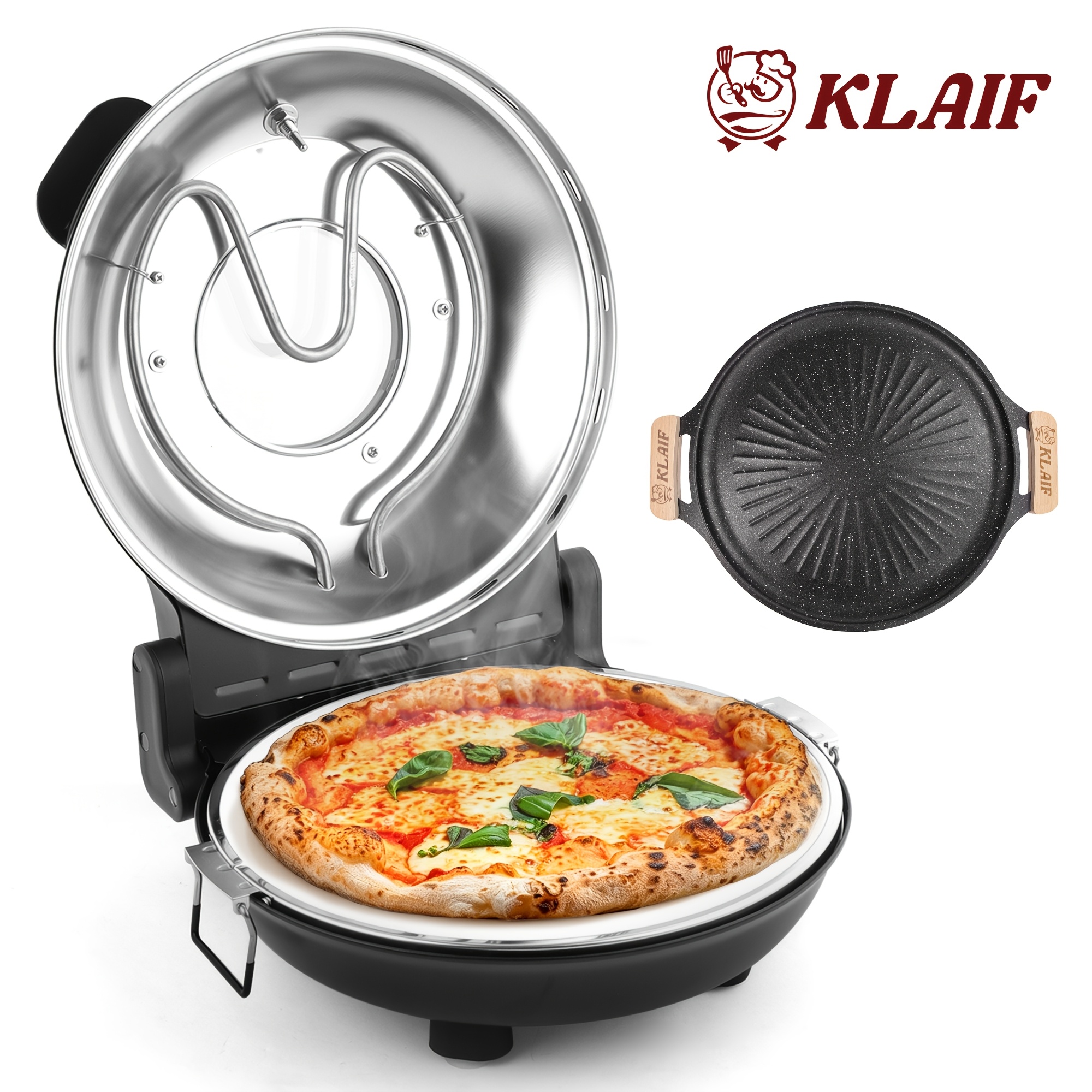 Klaif Electric Indoor Pizza Oven, Lm-black | 12" Ceramic Stone And Grill Pan, 2 Adjustable Temperature Controls, 420 Degree, 1200w