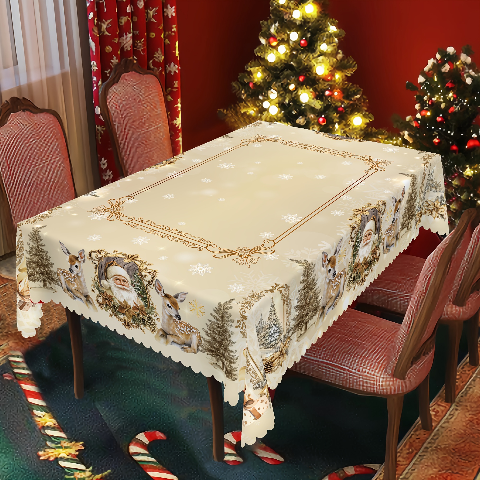 

Nappe de Noël Vintage avec Père Noël & - Blanc Doré, Bords Gaufrés, Parfaite pour les Repas de Fête & Décoration, Disponible en 4 Tailles