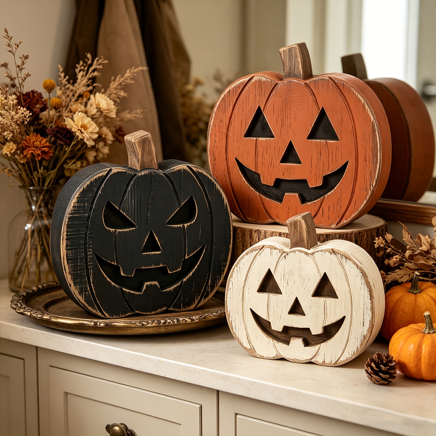 TEMU Halloween Tray Decoration, 3pcs Set Of Country Style Distressed Pumpkin Tabletop Ornaments, Farmhouse Theme Tableware, Black Retro Pumpkin
