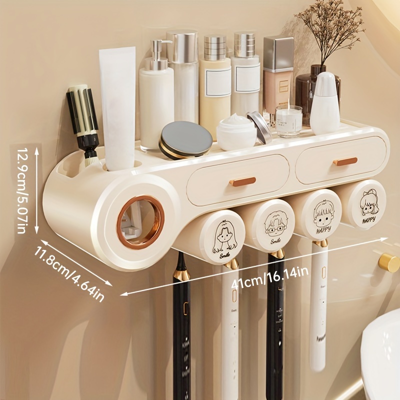 Wall-mounted Toothbrush Holder With 2/3/4 Cups & Toothpaste Dispenser - Large Capacity Bathroom Organizer With Cosmetic Drawer, No Power Needed