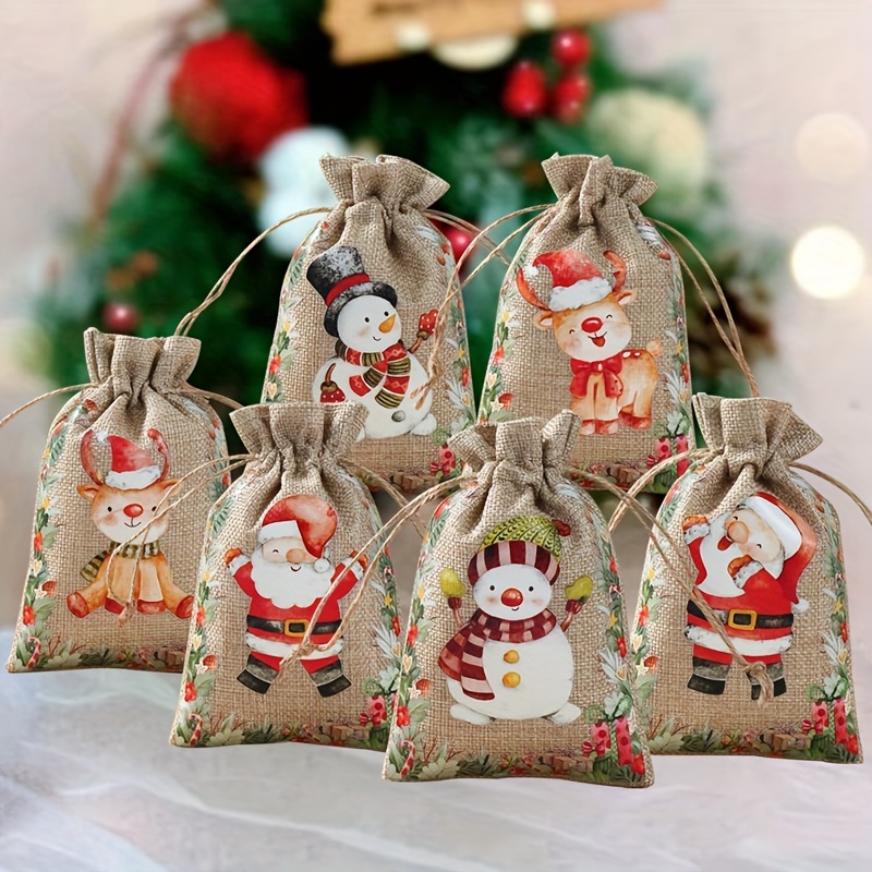 

6 Pcs Christmas Watercolor Linen Drawstring - 10cm/3.94inch X 15cm/5.91inch - For , Cookies, Or - Christmas Decorations