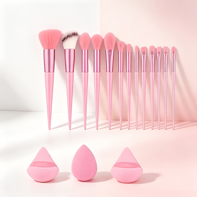 TEMU 16pcs Makeup Brush Tool Set, Including 13pcs Pink Makeup Brushes And 2pcs Beauty Sponges And 1pc Makeup Egg, Gentle Brushes, Beauty Sponges, ,