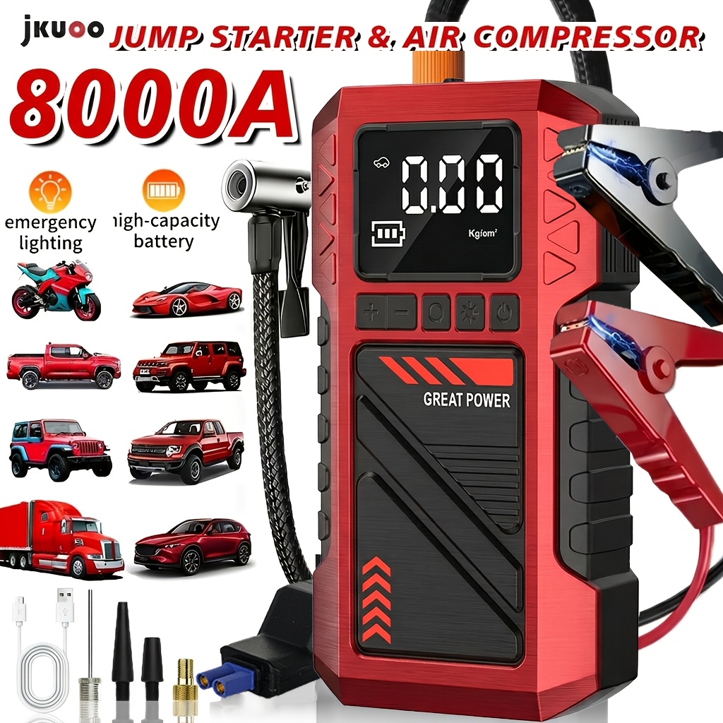 item picture 2026   multi function car emergency jump starter with air compressor 8000a   current 180psi digital tire pressure gauge built in 8000mah high capacity battery with led flashlight and battery charger portable 2 64 gallon gasoline