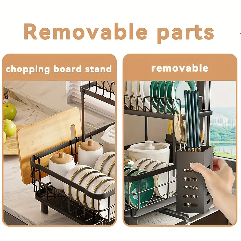 dish dryingrack rotatable drain spout 2tier dish drainer with utensil holder large dish drying rack dish rack with chopstick holder multifunctional dish rack for kitchen counter Product details 4