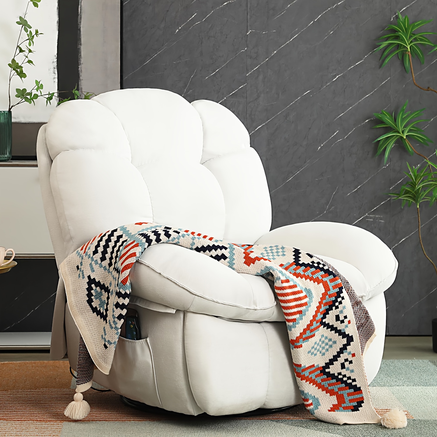 Image of Dyhome White , Padded Swivel Chair With Vibrating Massage And Heating, Modern Single Sofa Glider Recliner With Usb, Usb-c And Side Pockets, Living Room Decoration