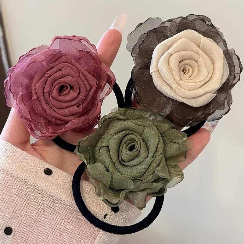 TEMU 3pcs Rose Hair Tie, Women's Fabric Flower Hair Tie, High Elasticity Hair Tie, Festive Hair Tie, Date Hair Accessory