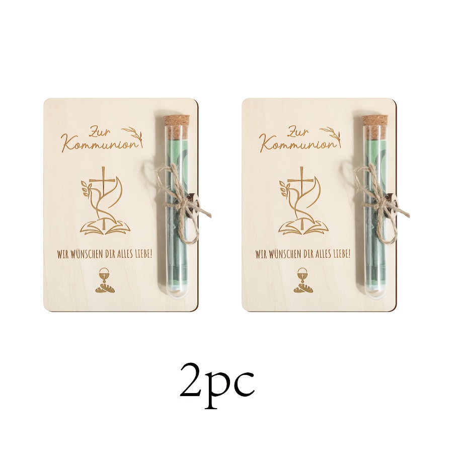 Image of Floral Cross Wooden Communion Gift Box With Rope Handle, Money Tube Inside, "zur " Design, Perfect For First Communion, Baptism & Confirmation