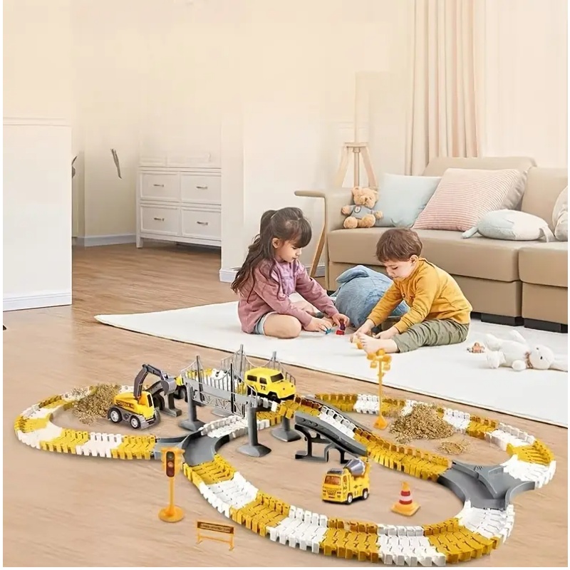 Toy Construction Track SetIncludes 2 Electric Vehicles And 4 Construction VehiclesBattery-powered (non-rechargeable)Orange Plastic Tracks Suitable for Kids Aged 3-6Perfect Christmas Gift