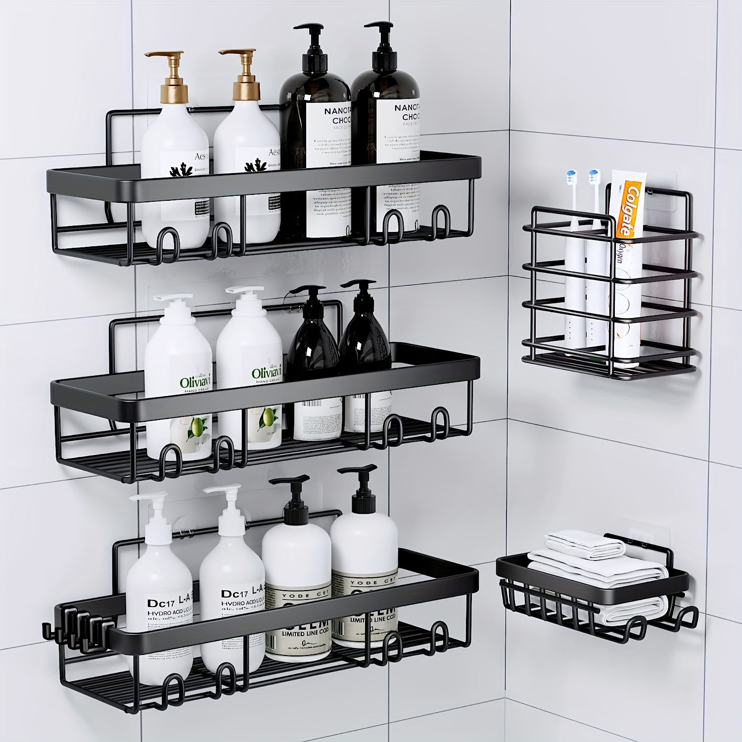 

5pcs/set Shower Caddies, Bathroom Shower Organizers, Black Shower Shelves For Inside Shower, Stainless Steel Adhesives Wall Mounted Rack, Home Organization And Storage, Bathroom Accessories