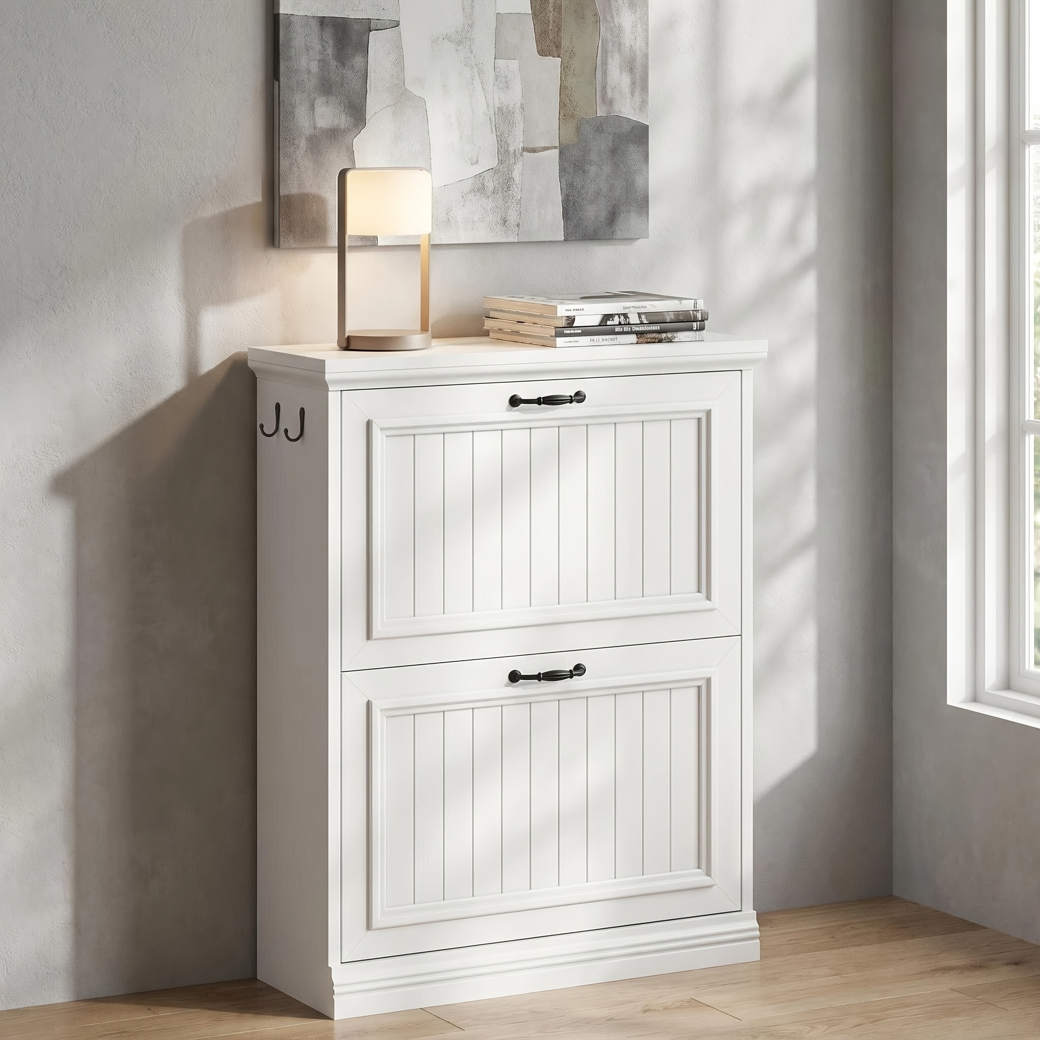 Retro-style Narrow Entryway Cabinet, Double-drawer Wood Grain Storage Cabinet, Adjustable Shelves For Small Apartment Hallway Shoe Racks