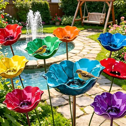 item picture vibrant handmade metal flower garden stake handcrafted garden art decor for patio lawn and landscape colorful outdoor yard sculpture with water feeder for birds flower beds and walkways