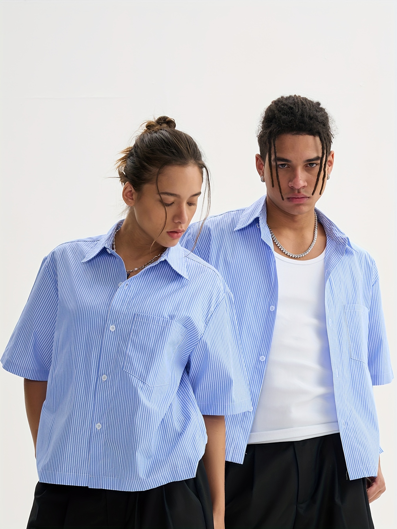 unisex casual striped shirt oversized loose fit short sleeve