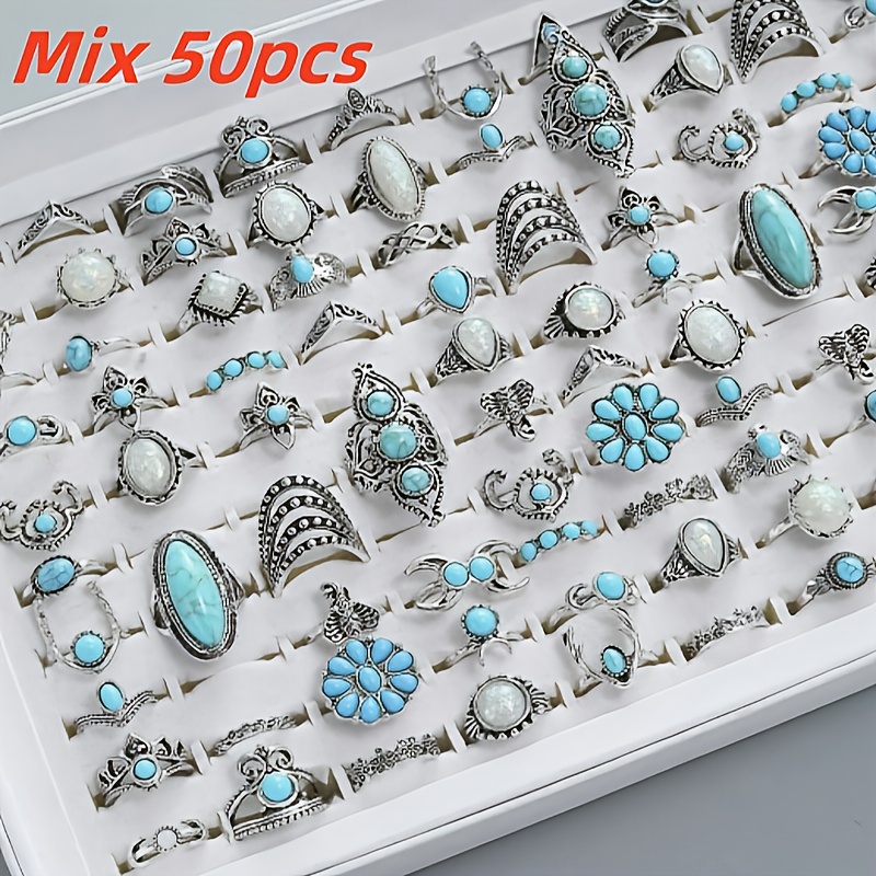 TEMU 50pcs Bohemian Women's Turquoise Ring Set, Jewelry With Owl, Flower, Crown, Geometric Patterns, Elegant And Mysterious Exquisite Jewelry Set,