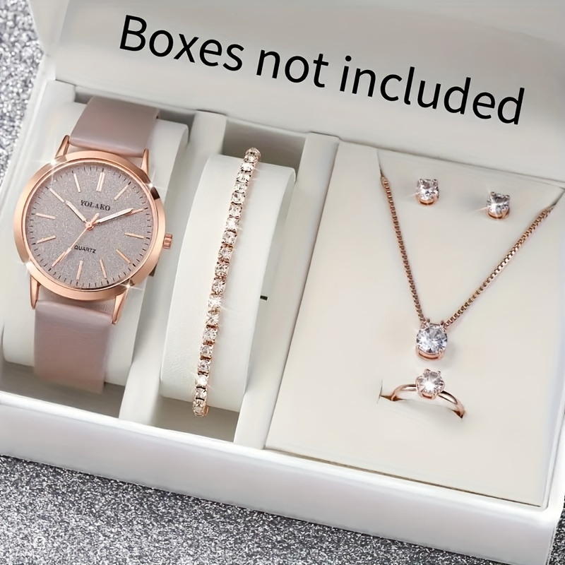 

6pcs/set Women's Shiny Fashion Quartz Watch Analog Pu Leather Wrist Watch & Jewelry Set, Gift For Mom Her