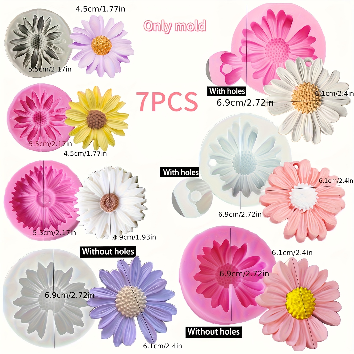 E-shop 7-teiliges Blumen-Silikonformen-Set, Gänseblümchen-Tonform, Gipsform, Kerzenform, Aromatherapie-Wachsfolienform, Seifenform – geeignet für