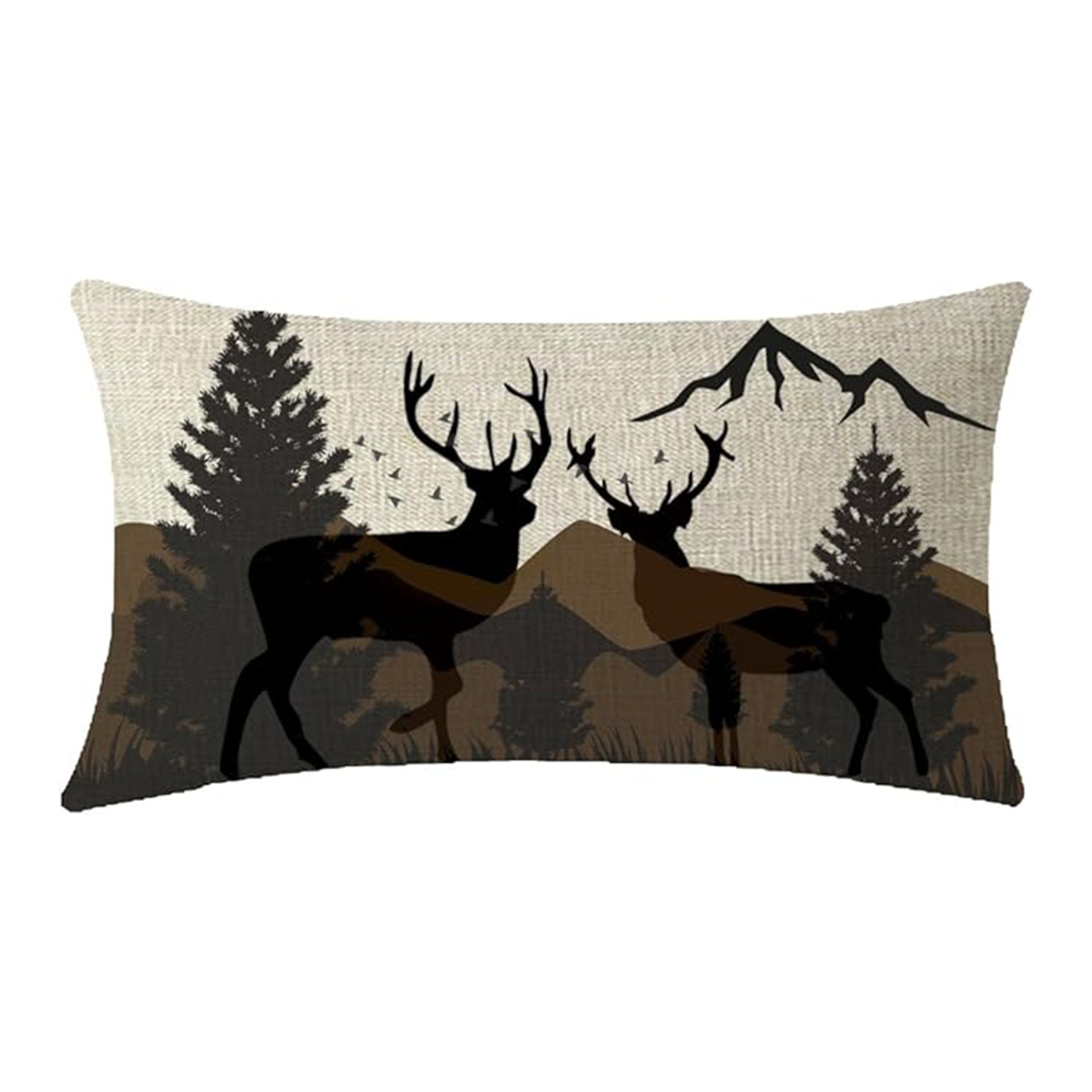 

1pc Rustic & Deer Silhouette Linen Throw Pillow Cover 12x20" - Brown, Wildlife And Design, Zippered, Machine Washable For Home Decor, Decorative Pillows