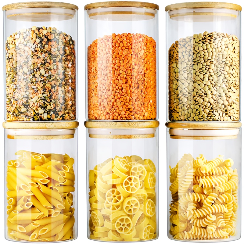 TEMU 6pcs Set, 560ml/19.7oz Glass Food Storage Jars, Transparent Glass Food Storage Containers With Sealed Bamboo Lids, Stackable Kitchen Jars For