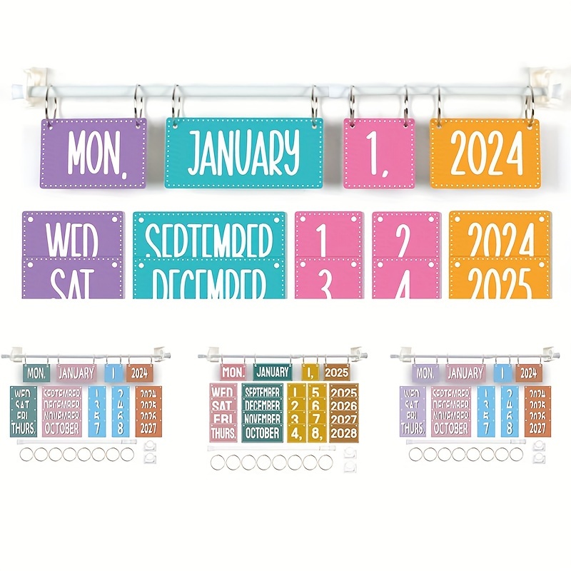 

Adjustable Flip Calendar Board Set With 54 Date Cards, Ring-bound Perpetual Desk Calendar For Classroom And Home Decoration, Multicolored English Monthly And Day Cards With Holder