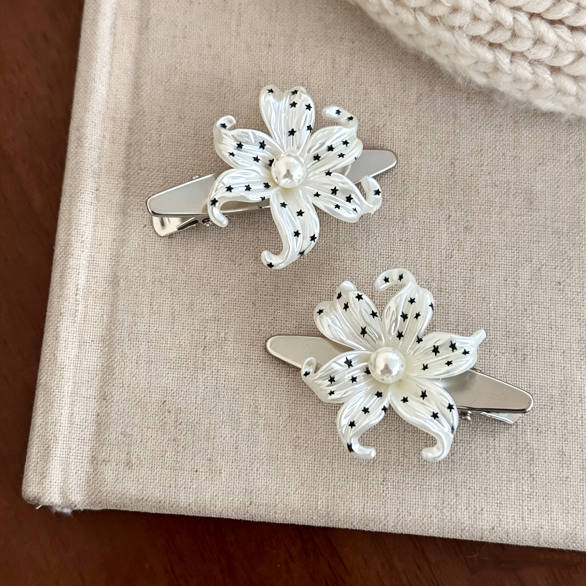 2pcs French-Style White Polka Dot Flower Hair Clips Set