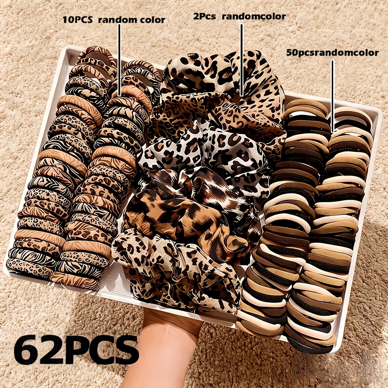 E-shop 62-teiliges Haargummi-Set mit Leopardenmuster | Hochelastisches, nahtloses Haargummi aus Badetuch | Scrunchies im Coquette-Stil | Scharfes 'S'