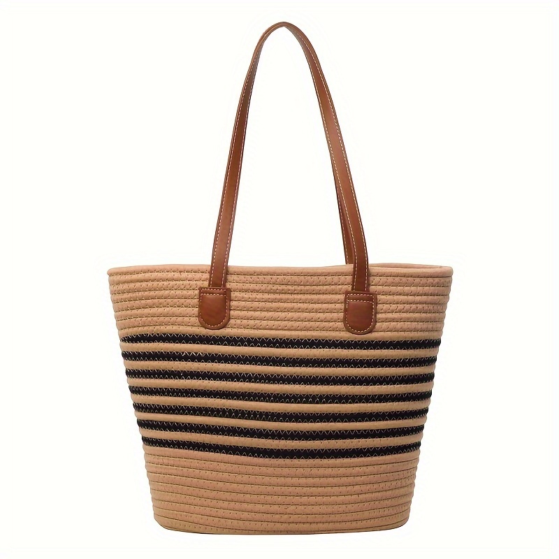 Striped Woven Tote Bag Boho Style Travel Beach Handbag Large - Temu ...