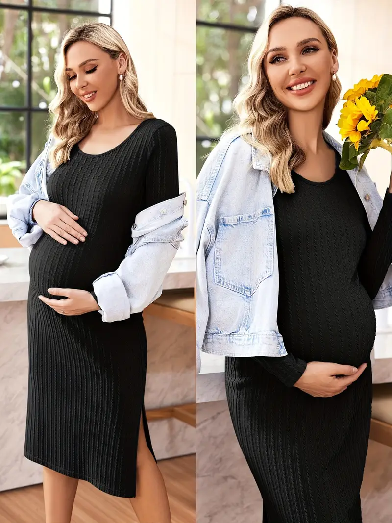 solid color maternity dress rib knit long sleeve side slit - Temu solid color maternity dress rib knit long sleeve side slit - Temu
