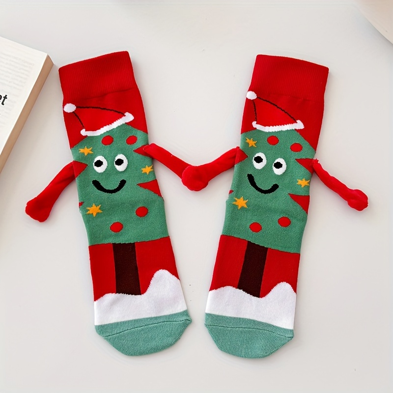 1 Pair/ Christmas Socks, Unisex Couple Christmas Mid-calf Socks, Festive Red Long Socks, Autumn Winter Cute Snowman Christmas Tree Socks, Hand-sewn Hand-in-hand Magnetic Socks