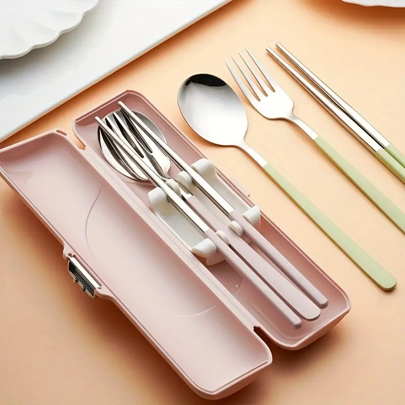 a set of bow tie portable cutlery 3pcs stainless steel utensils with plastic handles including spoon fork chopsticks and storage box an attractive travel cutlery set Product details 1