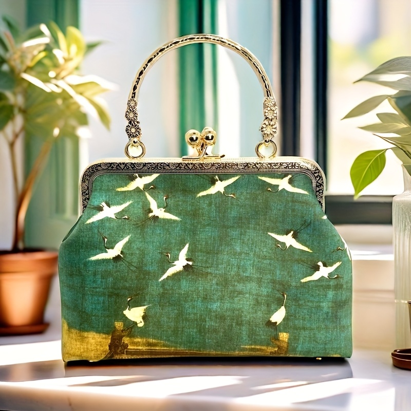 

Handmade Green Silk Bamboo Evening Clutch With Crane Bird, Embroidered Birds And Flowers, Kiss Lock Closure