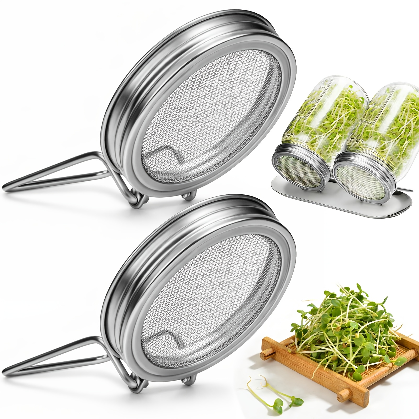 TEMU Sprouting Lids For 86mm Wide Mouth Mason Jars, Reusable Stainless Steel Screen Growing Lid For Alfalfa Broccoli Seeds Grow Kit
