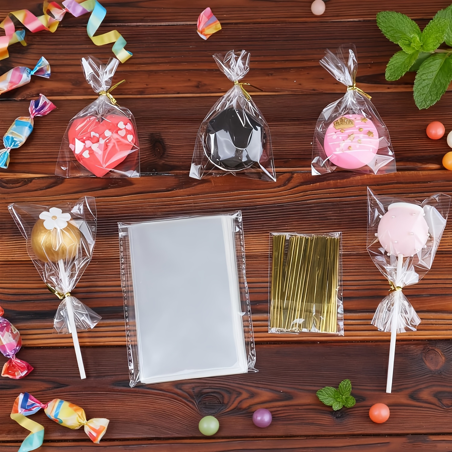 TEMU 200pcs Cellophane Treat Bags 3x5 Inch With 200 Twist Ties - Opp Cake Pop Bags For Lollipop, Candy, Chocolate, Cookie Wrapping & Buffet
