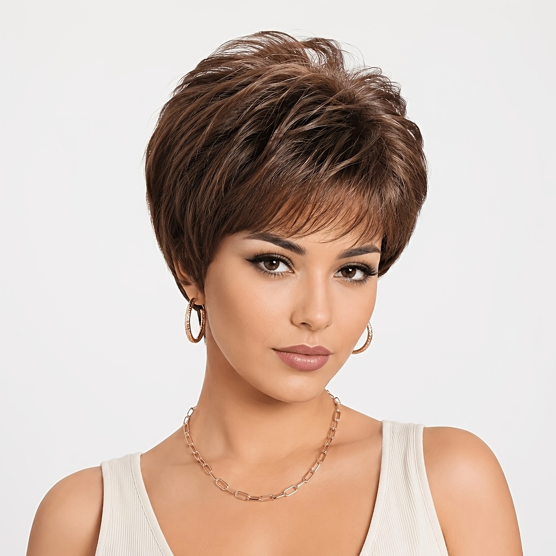 Image of Elegant 10-inch Mixed Brown Short Curly Wig With Side Bangs For Women - Natural Look Synthetic Fiber, Heat Resistant, Perfect For Daily Wear