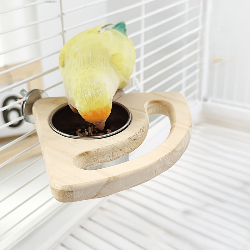 TEMU 1pc Wooden Parrot Feeding Perch, Bird Cage Stainless Steel Food Bowl Stand, Integrated Bird Feeding Station, Cage Clip Fixed Feeding Board, Pet
