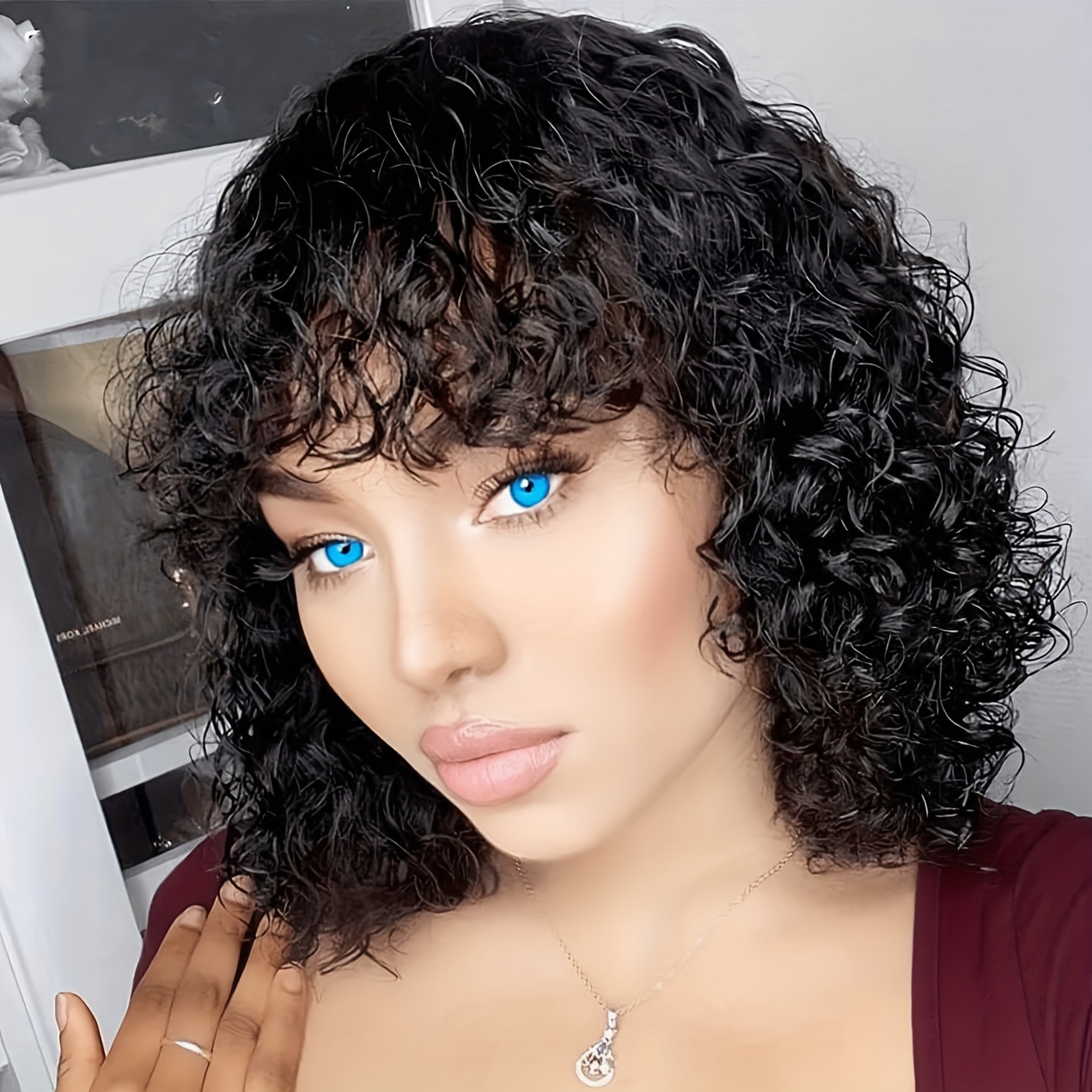 Image of Removable Brazilian Recycled Human Hair Wig - Glue-free Short Bob With Bangs Suitable For, Natural Black Density Hair, Cap For , Comfortable Wearable Hair Gift (no Glue Application)