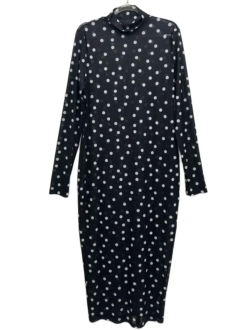 sheer polka dot dress plus size Hot Women Plus Size Polka Dot Mesh Sheer See Through Party Midi Dress Casual