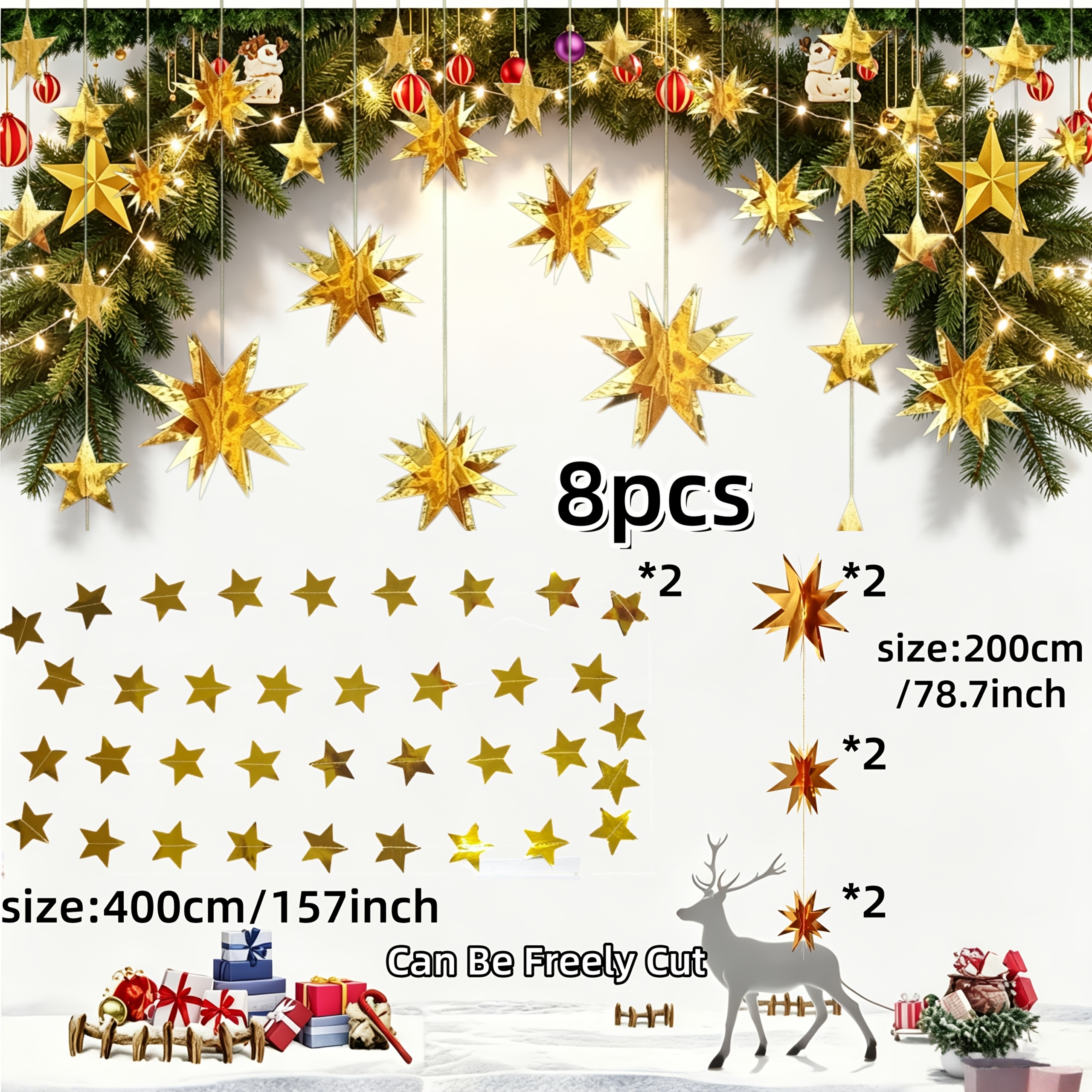 TEMU 8-teiliges goldenes 3D-Spiegel-Set mit goldenem , Stern und , Deckenpapier-Hängeornamente, Weihnachts-Atmosphären-Dekoration mit Rüschen,