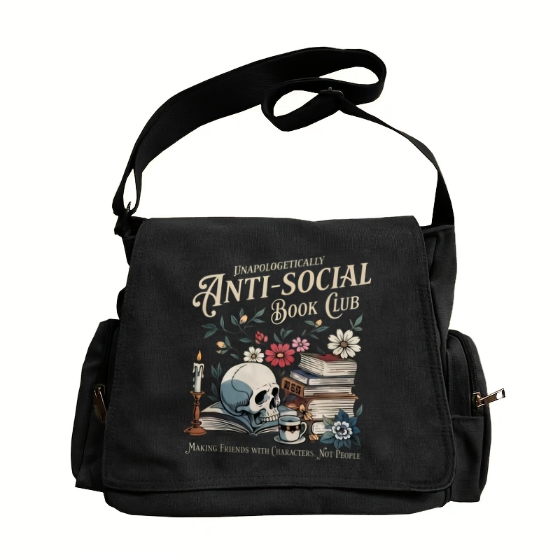 TEMU Women'-shoulder Bag, Large Capacity Flap Vintage Tote Crossbody Messenger Bag, Book Skull Bouquet Pattern With " Anti Social Book Club" Print,