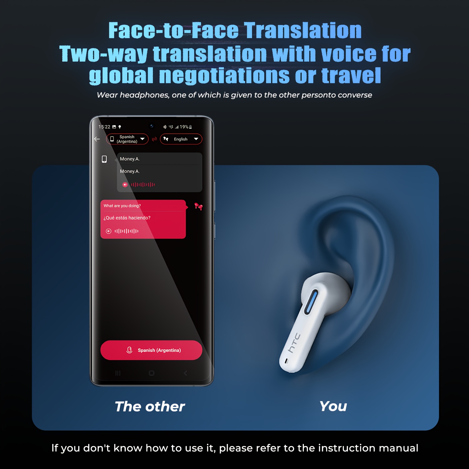 Écouteurs traducteurs sans fil HTC NE49 TWS avec traduction multi-langues, son HD, suppression du bruit, micro intégré, rechargeables par USB, batterie