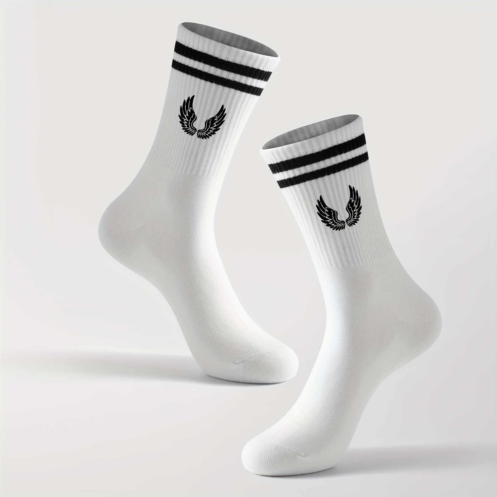 1 Pair Of Men's Mid- Socks With Double Stripe And Wing Pattern, Casual Sports Mid-calf Socks, Daily Wear, Fashionable And Versatile, Suitable For Men And Women, High-
