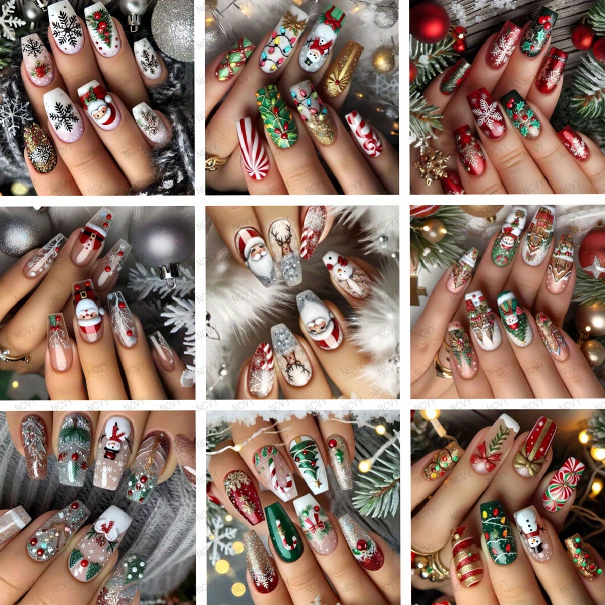 TEMU 144pcs Christmas Nail Art Set Compatible For - Fake Nails With Santa, Snowman & Reindeer Patterns - Glossy Press- Nails Suitable For Holiday Parties, Winter Nail Decorations - Gift For &