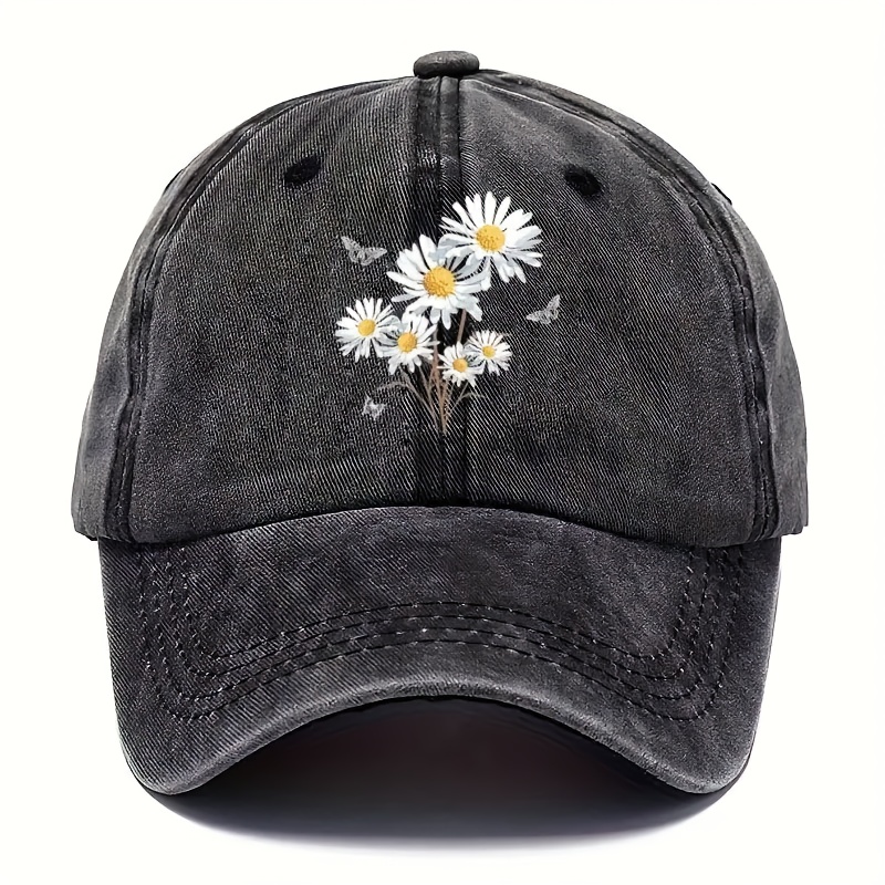 Unisex Vintage Washed Baseball Cap - Adjustable Lightweight Breathable Dad Hat With "daisy Print Design, Suitable For Outdoor Equipment, Black Baseball Cap