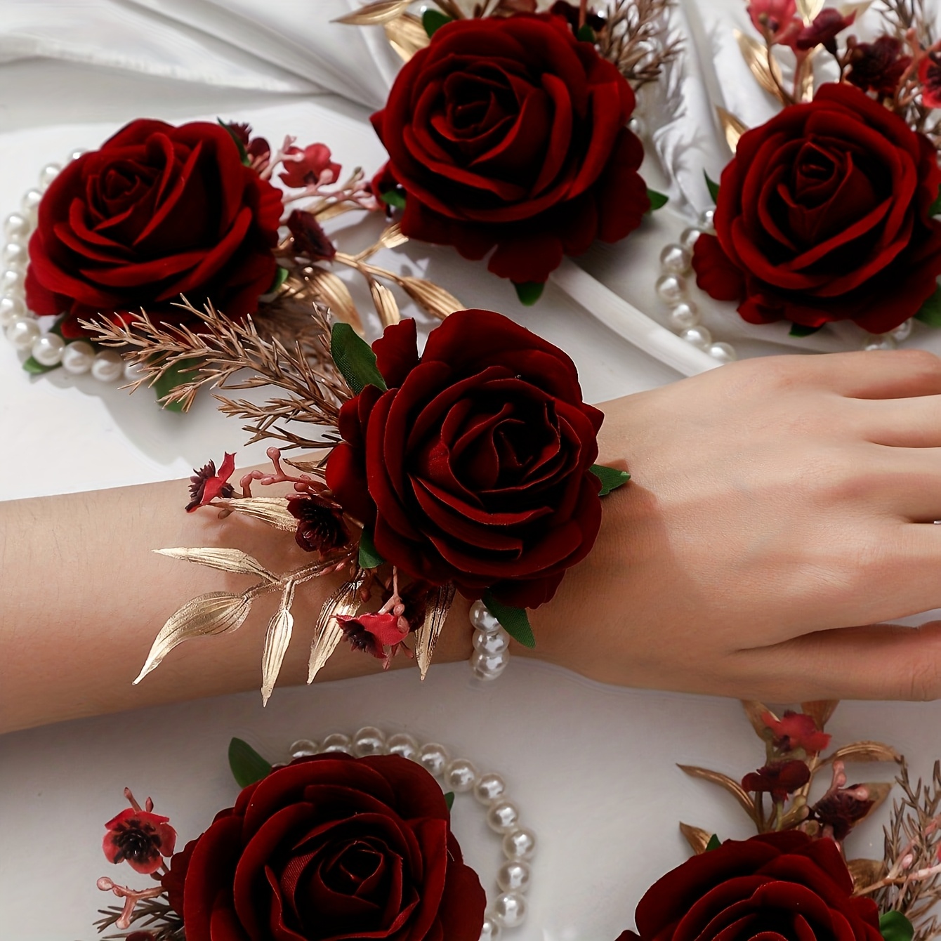 TEMU 6pcs High-end Flower With Breath Forest Aesthetic Bride Bridesmaid Chain Wrist Flower Set For Bride And Groom Wedding Accessories, Banquet