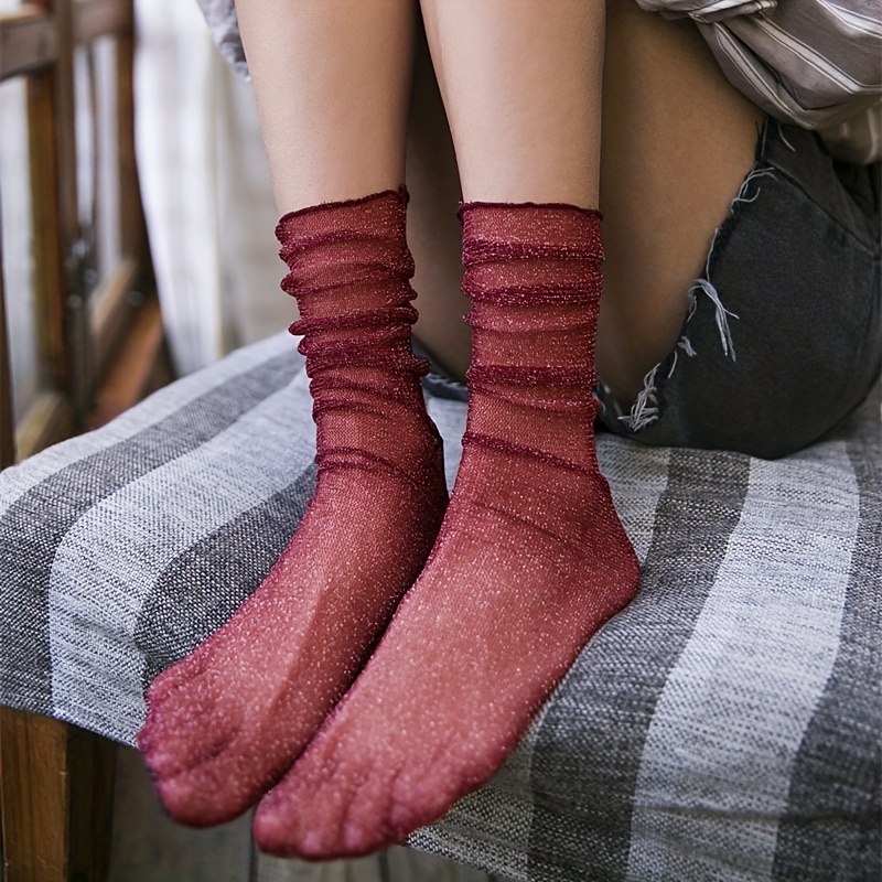 E-shop 1 Paar Vintage Mesh Pile Socken, dünne und glänzende schwarze Pilzkante Sockenmündung, bequem und atmungsaktiv, geeignet für Musikfestivals und