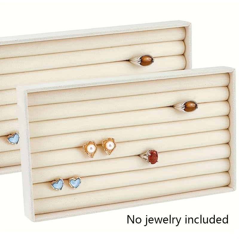 TEMU Plateau Organisateur de Bagues en Velours Beige, Présentoir à Bijoux Empilable à 7 Fentes pour Tiroir, Boîte de Rangement Douce pour Boucles