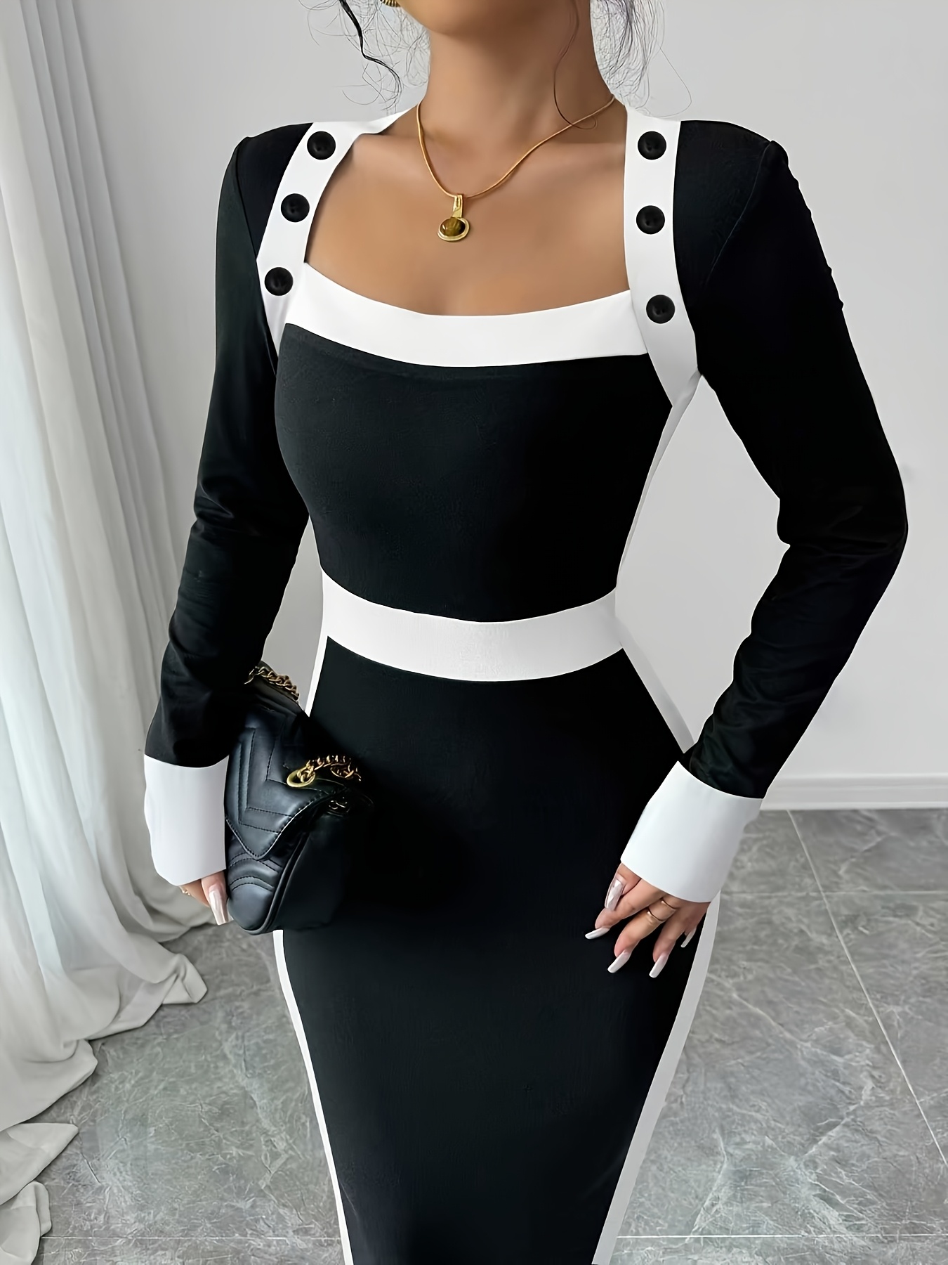 black white muse collar contrast button waist - Temu Oman