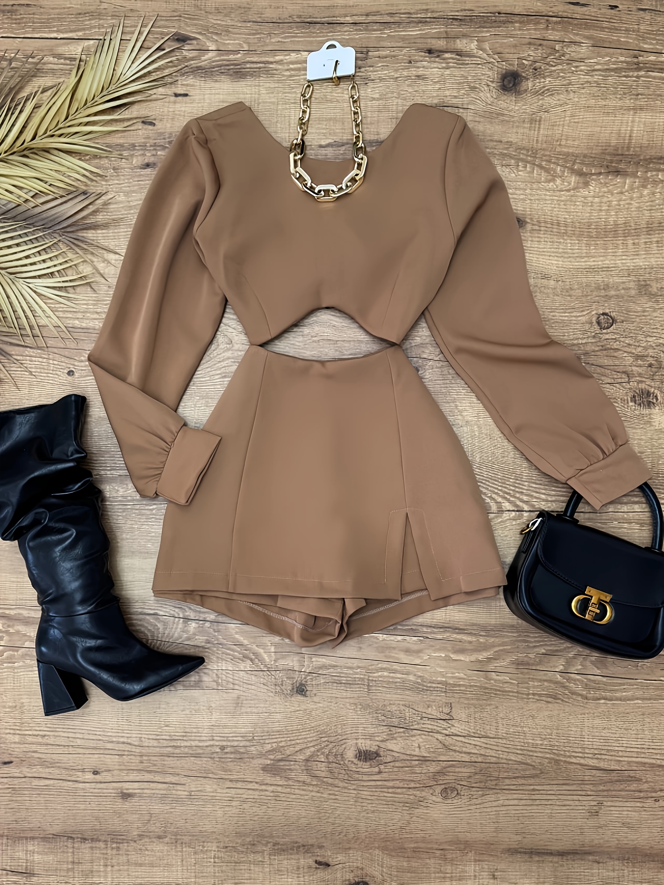 light mature style hollow out   waist long sleeve and short shorts skirt pants   two piece set