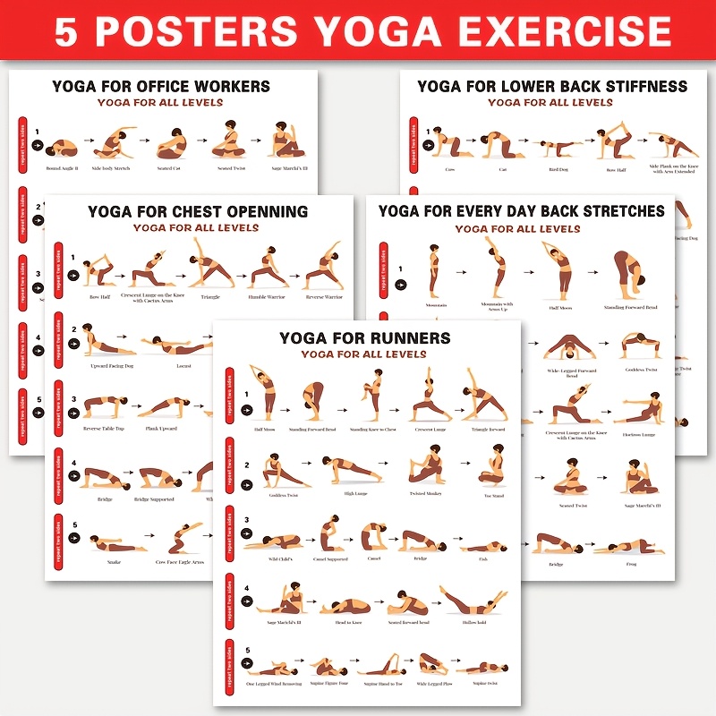 E-shop Ein Set aus 5 Yoga-Übungsplakaten mit verschiedenen Themen und Positionen, die Anleitung für Yoga-Übungen, Gewichtsverlust, Körperformung,