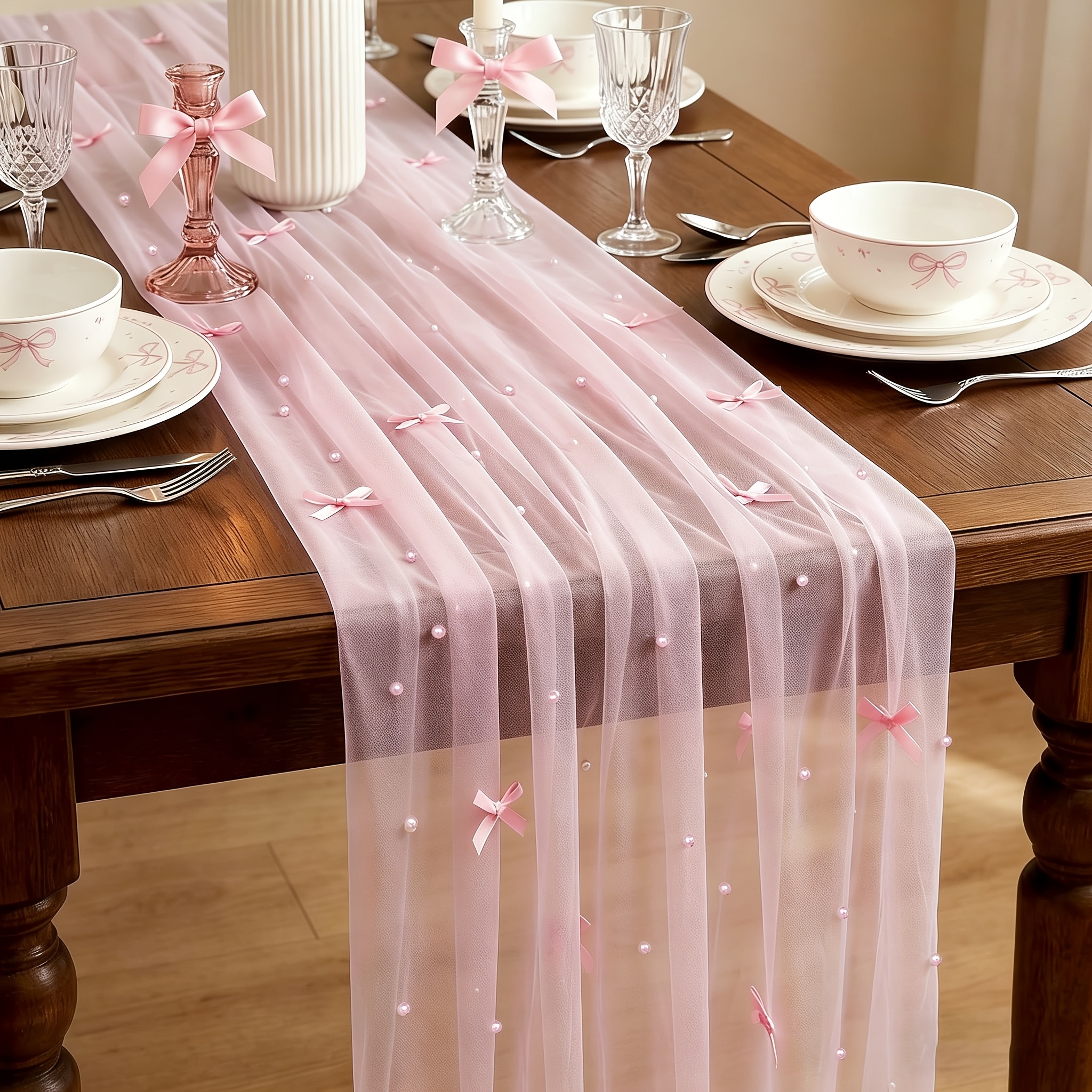 TEMU 1pc Bow Mesh Table Runner, 31.89inch X 39/78.74/118inch For Weddings, Bridal Showers, Birthday Parties, And Baby Showers, Machine-made Party