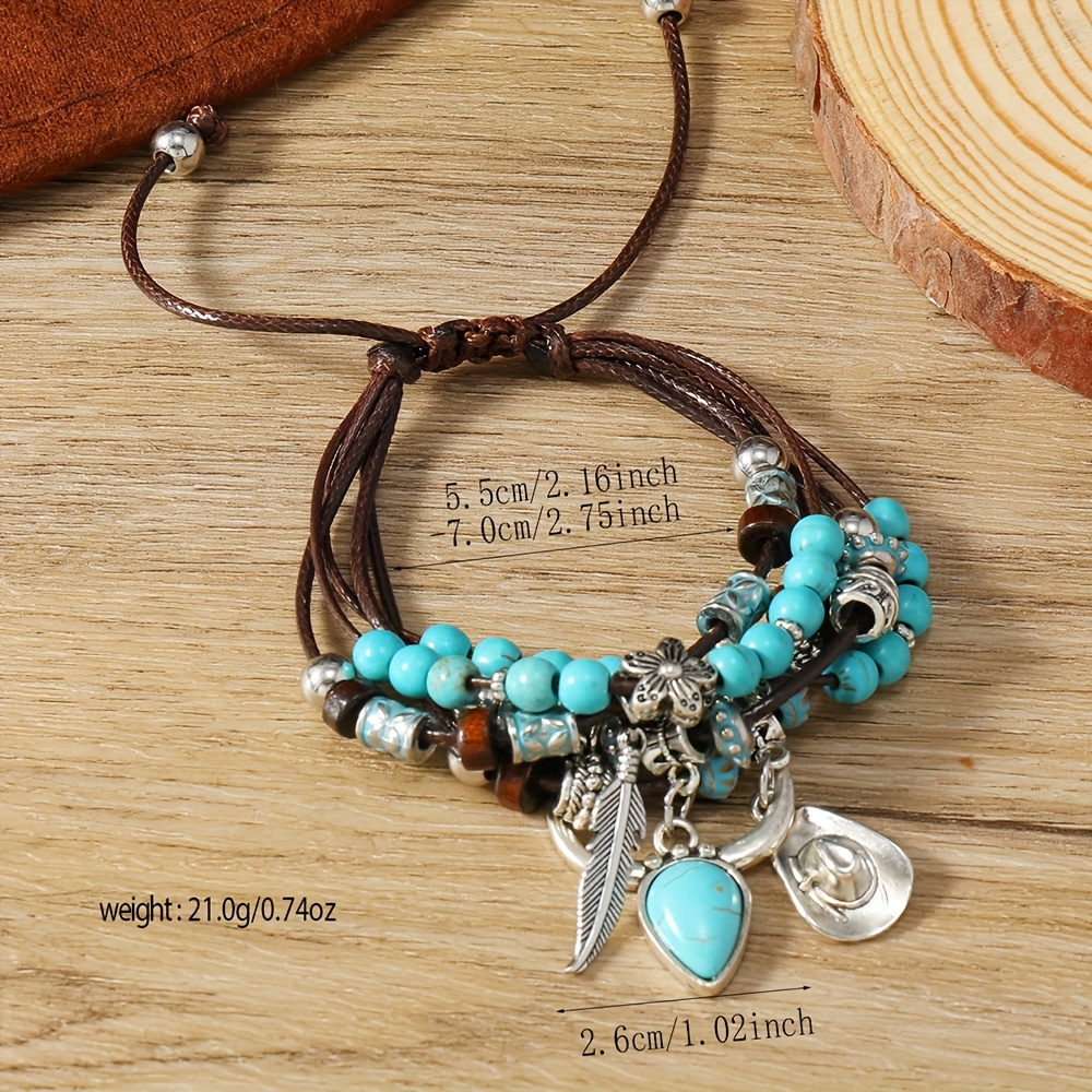 Tribal Bracelet Set with Turquoise Beads and Feather Charms