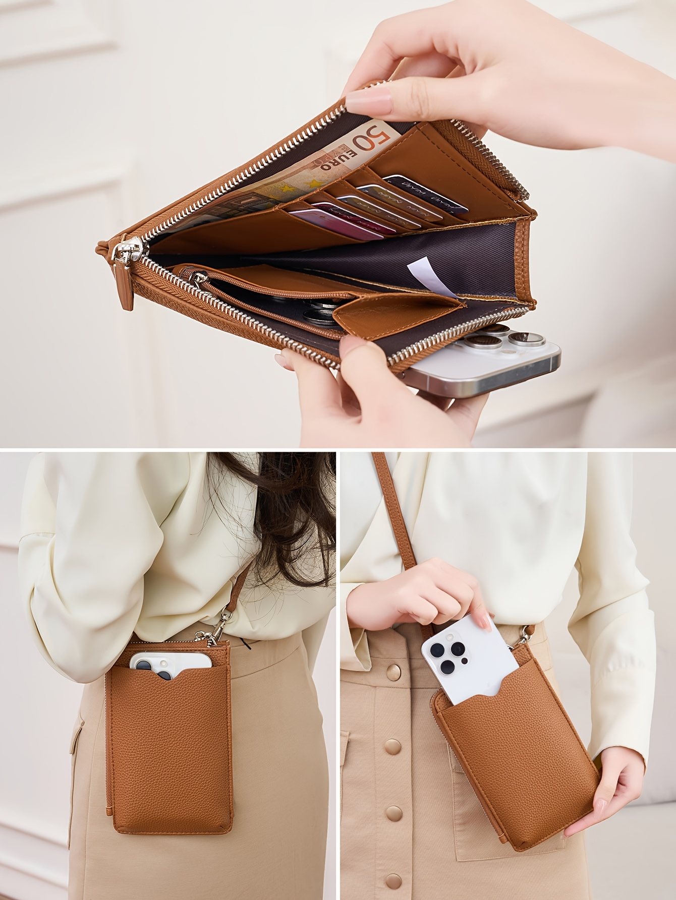 elegant black zipper wallet with adjustable strap lightweight multi compartment design for cards cash and phone ideal for everyday use everyday wallet minimalist wallet zippered closure details 7